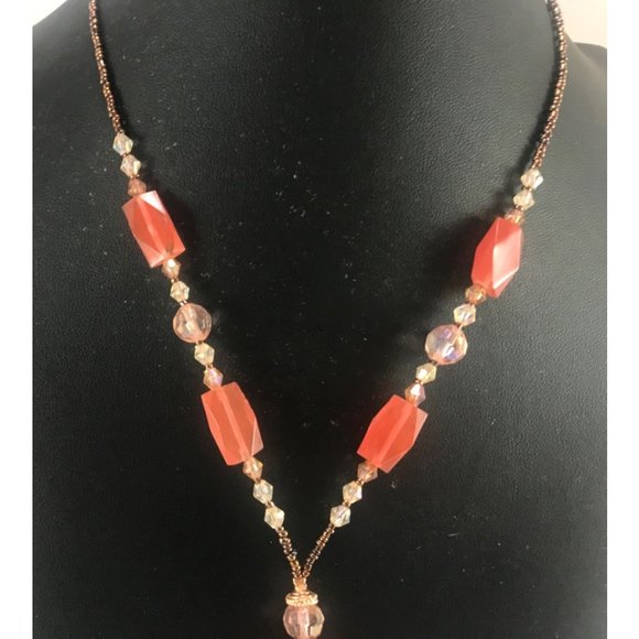 Seed Bead, Crystal & Faux Cherry Quartz Necklace w/ Rose Gold Tone Chain & Findi - Picture 3 of 4